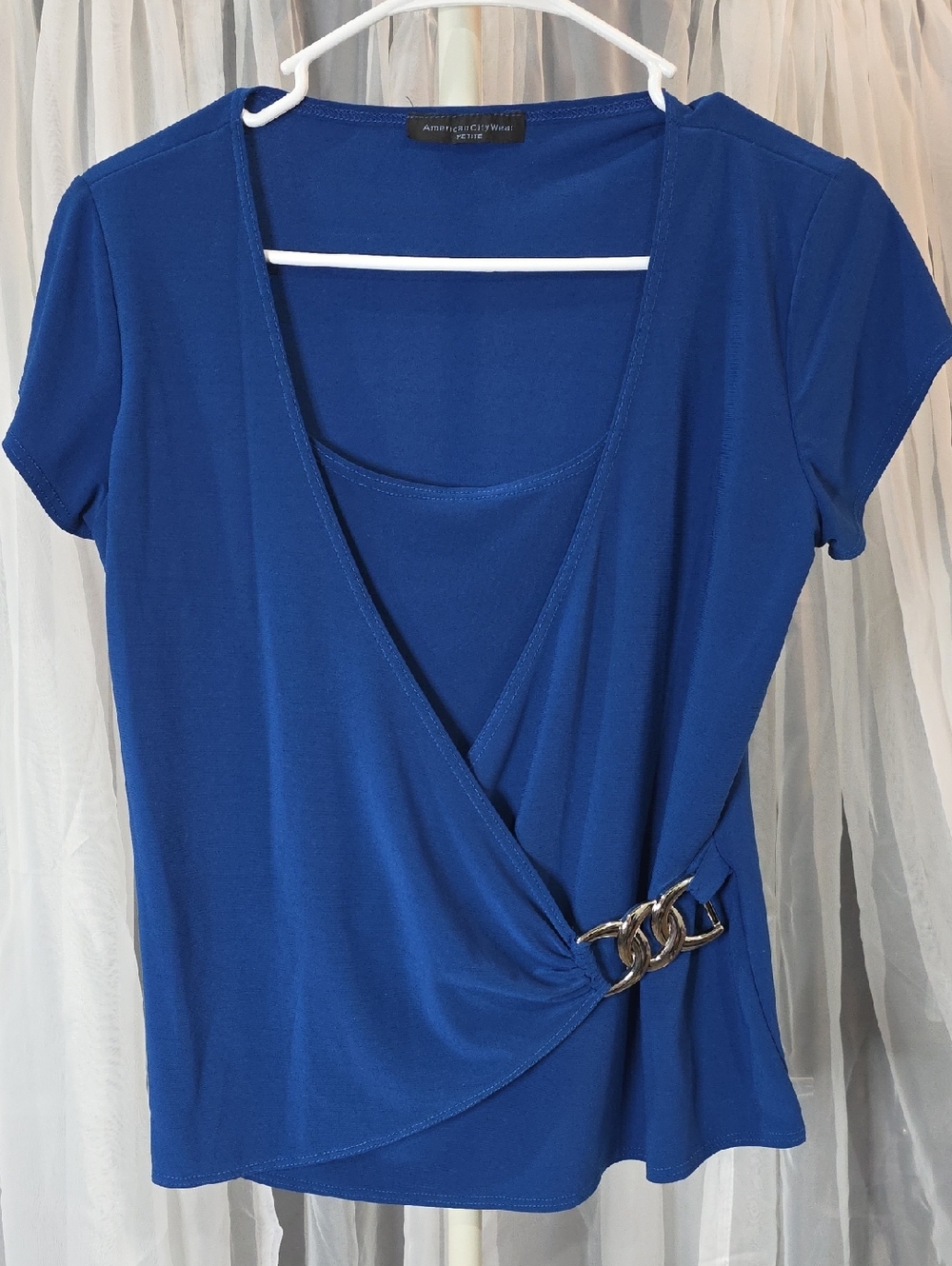 #258 American City Wear Royal Blue Faux-Wrap Short Sleeve Top with Silver Buckle